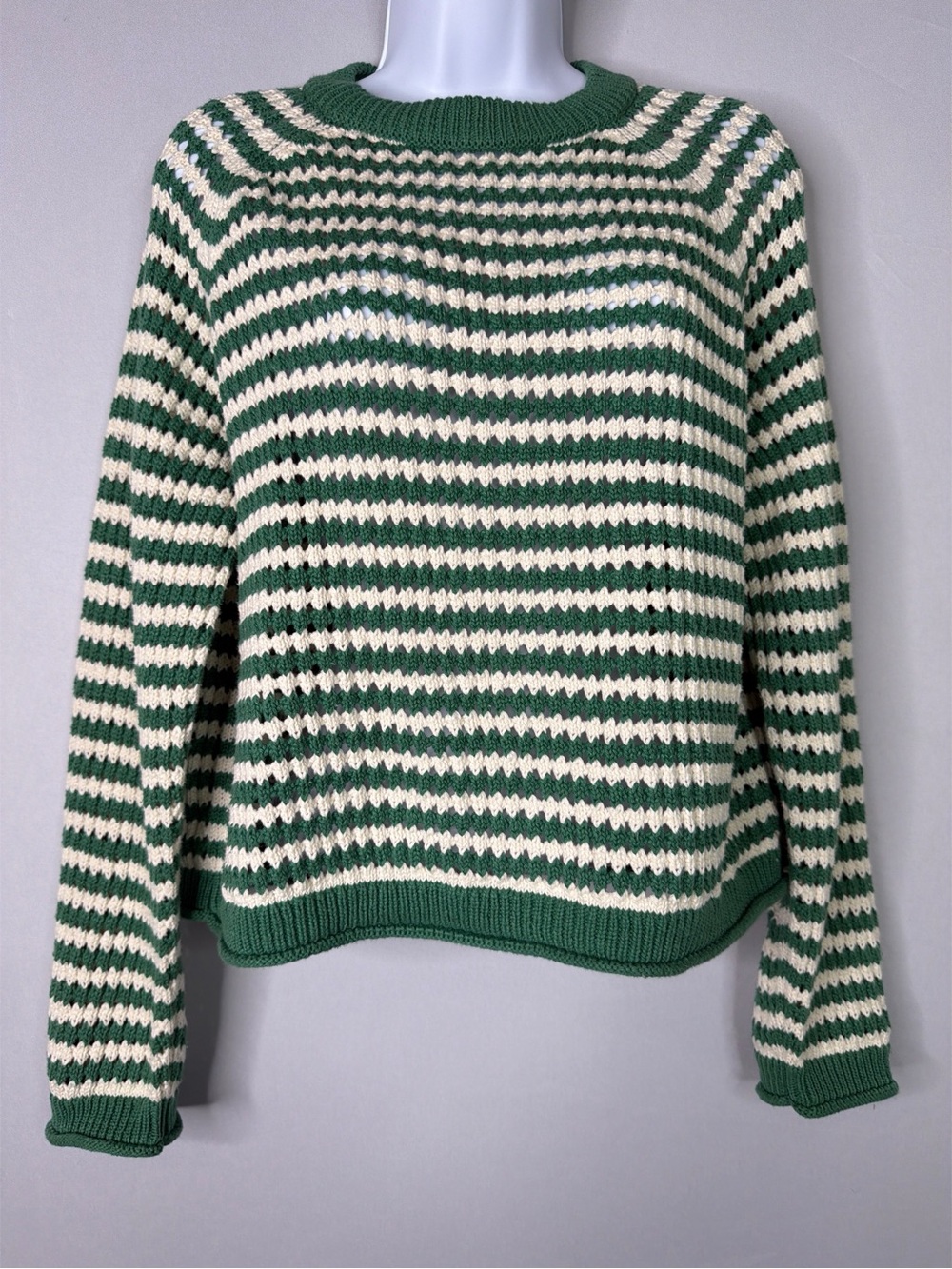 Abercrombie & Fitch Long Sleeve Green & Cream Striped Crewneck Sweater